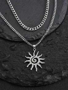 2Pcs Vintage Hip Hop Layered Necklace Set, Alloy Sun Spiral Pendant With Stainless Steel Chain For Men, Daily & Holiday Gift - Silver - View 4