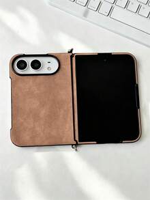 Luxury Retro PU Leather Solid Color Phone Case Compatible With IPhone Duo Fold Minimalism Protection Shockproof Bumper Cover - Light Brown - View 3
