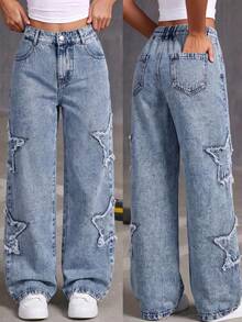 1pc Girls' Denim Jeans, Casual Style, Simple Daily Comfortable Outfit, Star Pattern Denim Long Pants - Medium Wash - View 1