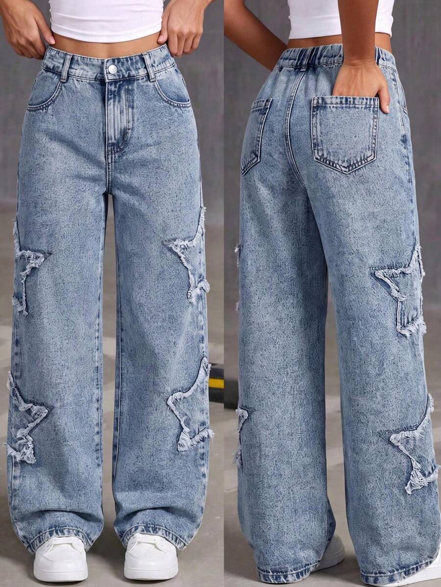 1pc Girls' Denim Jeans, Casual Style, Simple Daily Comfortable Outfit, Star Pattern Denim Long Pants - Medium Wash - View 1