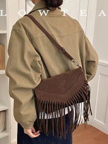low tea 1pc Fashionable Tassel Suede Fabric Shoulder Bag, Suitable For Commuting, Shopping And More - Coffee - View 2