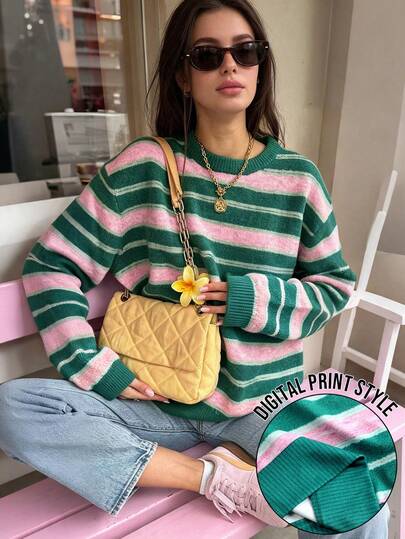 2026 Autumn/Winter New Striped Dopamine Long Sleeve Loose Sweatshirt, Casual Fashion For Daily Wear, Street, Music Festival, Party, Afternoon Tea, Date