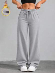 Women's Thermal Lined High Waist Wide Leg Sweatpants With Drawstring Relaxed Fit Casual Lounge Pants For Everyday Wear. - Grey - View 9