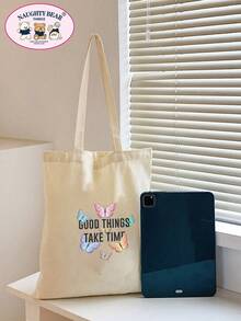 Fashionable Minimalist Butterfly Line Print Canvas Tote Bag - Beige - View 4