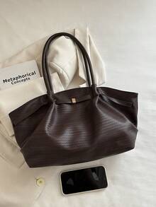 Retro Brown Braided Pattern Tote Bag Soft PU Large Capacity Daily Work Shoulder Handbag - Coffee Brown - View 5