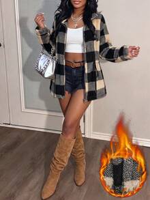 Women's Autumn Winter Streetwear Plaid Fleece Drawstring Waist Zip Up Jacket - Black - View 6