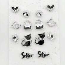 14PCS Black Silver Shoe Charms For Clogs, Cat Star Heart Planet Bag Gem Shoe Decorations, ABS DIY Shoe Accessories For Women Girls - Black - View 6