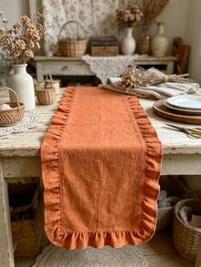 1pc Vintage Orange Ruffle Edge Table Runner, Suitable For Dining Table, Daily Home, Holiday Gathering, Afternoon Tea, Party Decoration, Lightweight Breathable Washable And Reusable - Orange - View 2