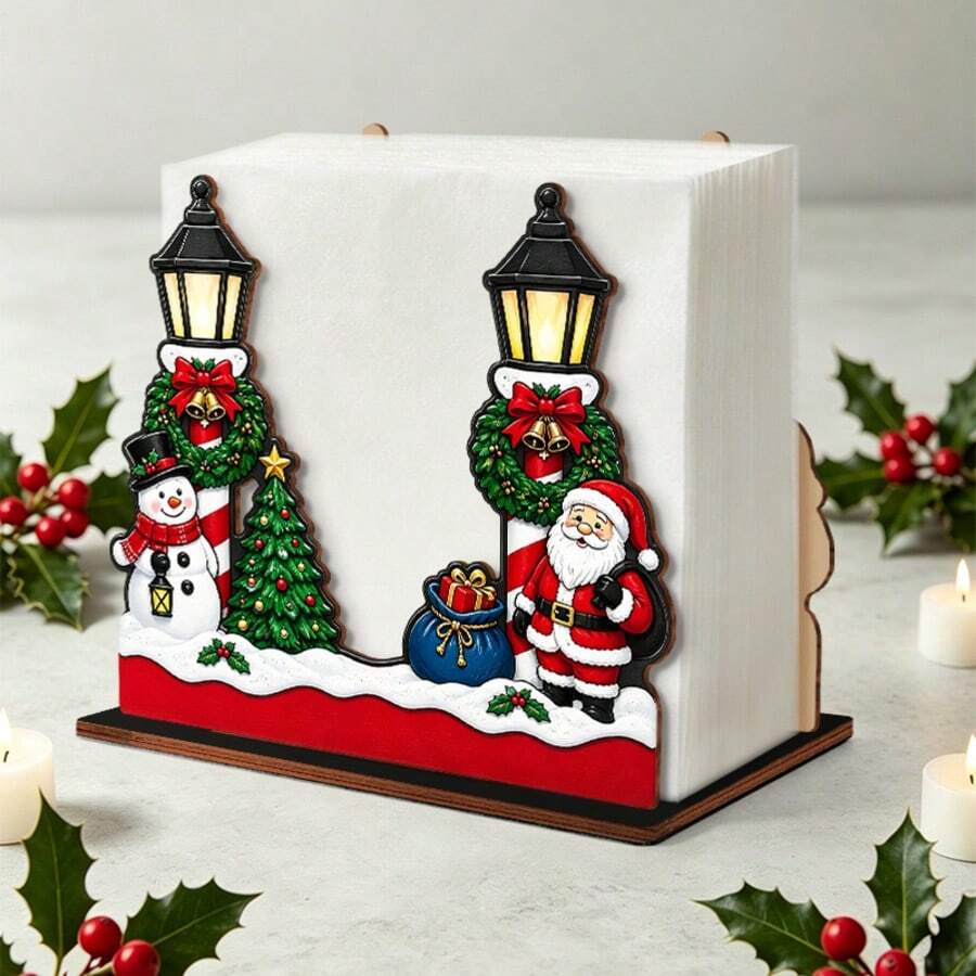 1pc Vintage Street Lamp Santa Claus Snowman Wooden Napkin Holder, Wreath Bell Mini Christmas Tree Design Desktop Tissue Box, Christmas Holiday Decoration Napkin Rack, Suitable For Kitchen Dining Room Party, Holiday Desktop Tissue Organizer - Multicolor - View 1
