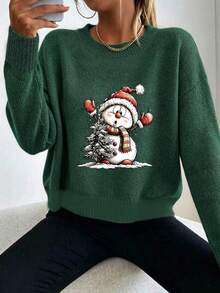 Women's New Arrival: Loose-Fit, Slimming Long-Sleeve Sweater With Christmas Tree &SnowmanPrint– PerfectforLounging,HolidayGifting,AndFestiveGatherings - Dark Forest Green - View 2