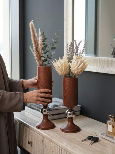 Vase/Metal Faux Wood Grain Vase, Medium Vase, Autumn Vase, Metal Structure - No Need To Worry About Dropping, (Cannot Add Water) Round Bucket Vase Suitable For Various Flower Shapes, Suitable For Wedding Table Centerpiece Decoration, Home Decor, Room Decor, Best Friend Gift, Women's Gift, Winter Gift