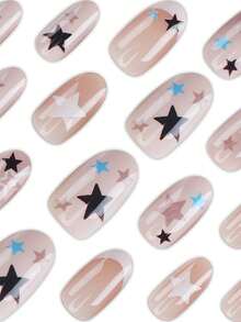 30pcs Short Oval Press-On Fake Nails, Autumn Star Print Nude Base Color, Practical Manicure Supplies, Includes Jelly Glue And Nail File, Reusable, Easy To Apply, Suitable For Autumn Daily Manicure - Multicolor - View 3