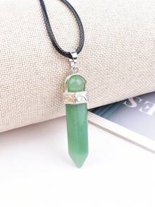 Natural Crystal Hexagonal Pillar Pendant Necklace, Rotating Round Bead Crystal Pillar Charm, Vintage Silver-Tone Leather Cord Necklace, Healing Energy Stone Accessory - Round Bead Single Point Pendant - View 5