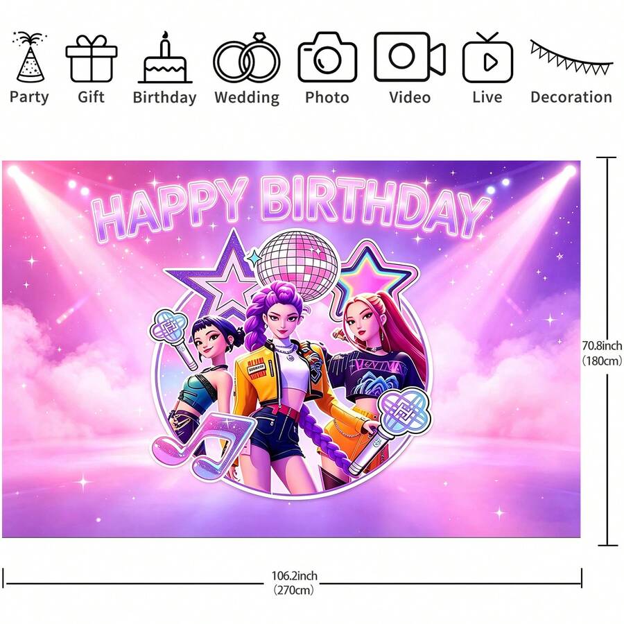 KPop Demon Hunters Kpop Theme Birthday Backdrop Banner, K-Pop DemonHunters Character Banner, Neon Glowing Disco Ball & Music Note Design, With HAPPY BIRTHDAY Text, Suitable For Photo Booth Party Decoration - Multicolor - View 1