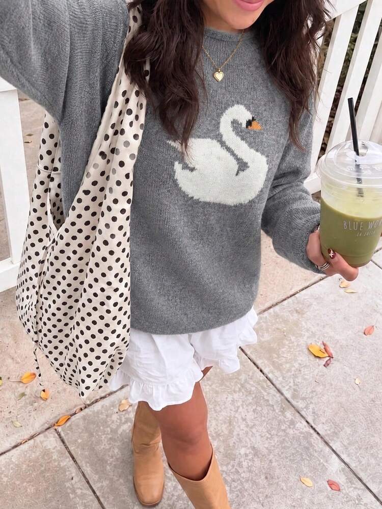 Women's Cute Casual New Fashion Autumn Y2K Swan Print Lose Long Sleeves Knitted Sweater Top Pullover Jumper Fall Winter Going Out Outftis Clothes - Grey - View 1