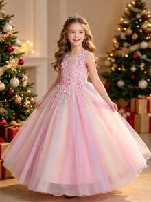 Tween Girl Colorful Tulle 3D Floral Princess Dress, Wedding Flower Girl, Birthday Party, Holiday Gathering, Host, Piano Performance Evening Gown - Multicolor - View 2