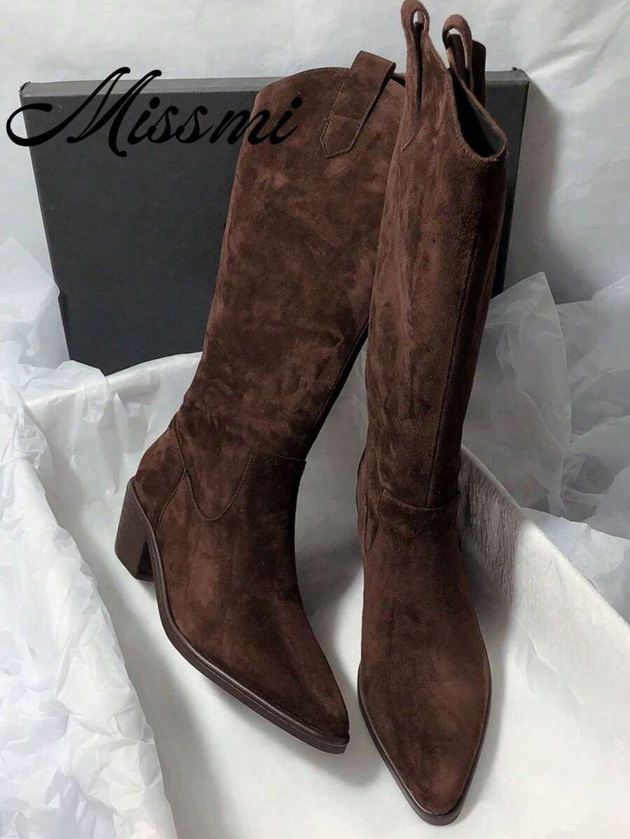 Fall/Winter Fashionable 2025 Western Pointed Toe Suede Over-The-Knee Tall Boots For Women,Cowboy Boots - Brown - View 1