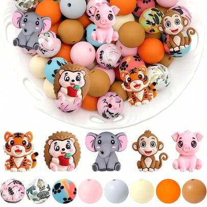 32/70PCS 3D Animal Theme Silicone Bead Set Hedgehog Tiger Elephant Pig Monkey Shaped Loose Beads With 15mm Printed And Solid Color Beads Adult DIY Accessories Suitable For DIY Beaded Pens, Earrings, Holiday Decorations And Other Handmade Crafts Suitable As Holiday Birthday Gifts Beads & Bead Assortments
