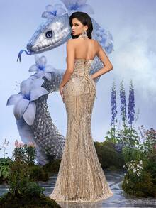 LUVISTRUE Women's Romantic Glamorous Runway Style Sleeveless Mesh Sequin Mermaid Long Formal Evening Gown, Suitable For Prom, Homecoming, Graduation, Wedding Guest, Cocktail Party - Champagne - View 2