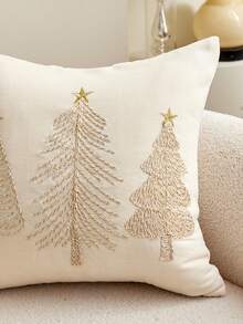 1Pc Corded Embroidery Christmas Tree Pillow Case, Chenille Decorative Cushion Cover With Hidden Zipper, Sofa Home Christmas Decor, Pillow Insert Not Included - Beige - View 2
