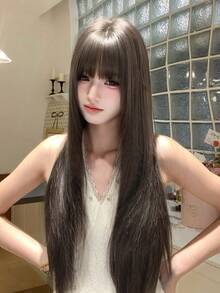 alicegarden 30-Inch Long Synthetic Wig Featuring A Natural Straight Style A Stunning Dark-Brown. Designed With Bangs , This False Hairpiece Is Perfect For Ms Daily Use, Offering A Natural And Natural Durable Wig Gift For Ladies. - Dark Brown - View 3