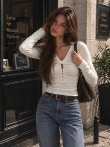 Women's Fall Winter Top French Elegant Fuzzy Knit Twist Front Cut Out Button Detail Long Sleeve Slim Fit Tee For Daily Work Date Vacation - White - View 9