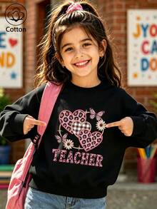 Children's Casual Round-Neck Sweatshirt, Long-Sleeve Round-Neck Sweatshirt With Leopard-Print Heart Design - Black - View 9