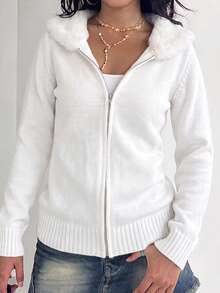 GLAMSKIN Women's Autumn/Winter Solid Color Knit Zip-Up Hooded Cardigan, Faux Fur Collar Long Sleeve Sweater Jacket, Fashionable Autumn Outfit - White - View 3