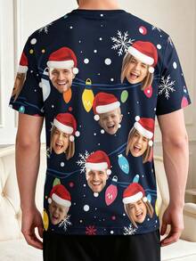 1pc Unisex Customized Multi-Photo Navy Blue Christmas Light Snowflake T-Shirt, Personalized Short Sleeve Top, Casual Holiday Outfit Gift - Multicolor - View 3