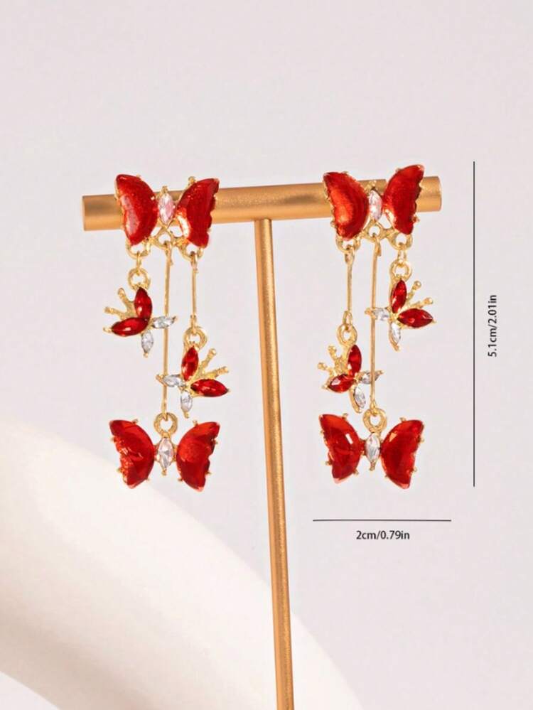 New Butterfly Flying Fairy Tassel Stud Earrings, Exquisite Luxury Cold Chic High-End Fashion Ear Jewelry - Red - View 5