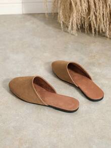 Women's Minimalist Backless Slouchy Design Square Toe Flat Mule Slippers, Suede Material, Camel Color, Casual Commute Style, Suitable For Daily Wear, Outings And Home - Camel - View 6