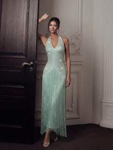 FEELAIR Sexy Halter Neck Sleeveless Backless Heavy Rhinestone Tassel Maxi Dress, Suitable For Wedding, Holiday, Party, Women's Formal Evening - Mint Green - View 10