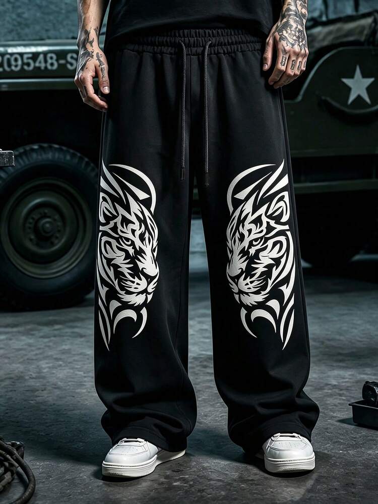 Black Double-Sided White Tiger Head Totem Print Wide Leg Sweatpants, Elastic Drawstring Waist Street Loose Straight Leg Long Pants - Black - View 1