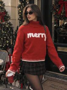 Women's Red Autumn/Winter Halloween & Christmas Holiday Party Date Commute High-Neck Cropped Daily Back-To-School Embroidered Letter Contrast Pullover - Red - View 2