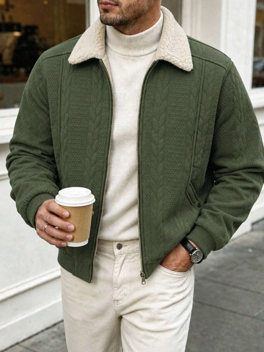 Sherpa-Fleece Autumn/Winter Lapel Jacquard Textured Zipper Front Fashion Versatile Jacket - Army Green - View 1