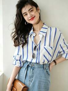 YUXIN Women's French Style Blue Stripe Shirt Oversized Collared Button Up Long Sleeve Fresh Casual Top For Vacation Date Weekend Office Fall Wear - Blue - View 3