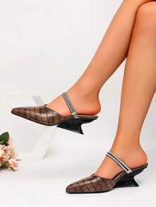 planare New Women's Fashion Diamond Pattern Pointed Toe Mule Slippers With Rhinestone Back Strap, Slip-On Low Heel Vintage Slippers - Brown - View 4
