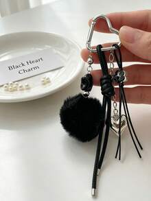 Korean Ins Style Black Pom Pom Keychain, Heart Clasp Braided Rope Bag Charm Accessory - Multicolor - View 7