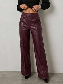 Women's High-Waisted Leather Pants With Pockets And A Slight Width Towards The Ankle., 37373 - Burgundy - View 5