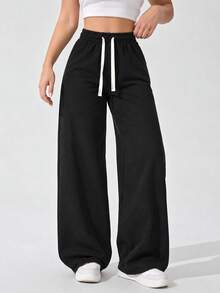 Women's Black Casual Wide Leg Pants Elastic Waist Adjustable Drawstring Relaxed Loose Fit Full Length Everyday Trousers - Black - View 4