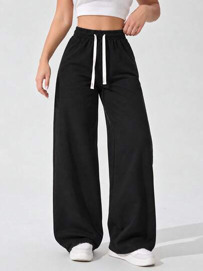 Women's Black Casual Wide Leg Pants Elastic Waist Adjustable Drawstring Relaxed Loose Fit Full Length Everyday Trousers