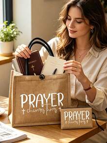 女款時尚「Prayer」字母印花手提包，拉鍊手拿包收納袋，多功能女包，手提包與化妝包套組，適合婚禮、生日、海灘與假期，送給家人與朋友的禮物。中性款，適用日常使用、開學、旅行、通勤、商務、學生、野餐、露營、超市、日常收納 - 彩色 - 查看 1