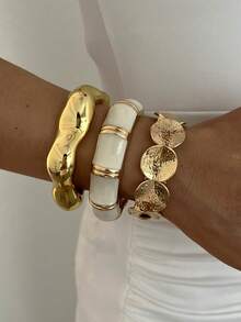 3/1pc Multi-Layer Stackable Fashion Minimalist Elegant Exquisite Vintage Design Geometric Ribbon Wave Disc White Oil Drop Patchwork Metal Style Exaggerated Wide Chunky Bracelet Set, Holiday Vacation Party Date Gift, Daily Commute Wear, Personalized - Yellow Gold - View 3