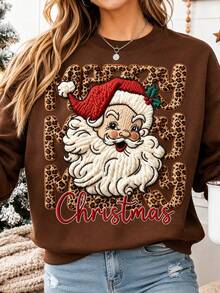 Women's Autumn Leopard Print Santa Claus Crew Neck Long Sleeve Casual Sweatshirt - Light Apricot - View 1