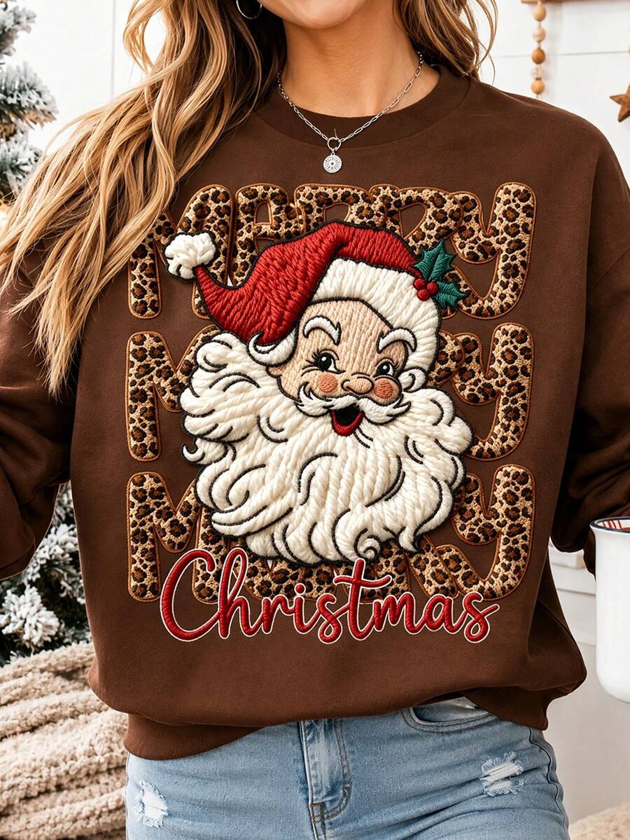 Women's Autumn Leopard Print Santa Claus Crew Neck Long Sleeve Casual Sweatshirt - Light Apricot - View 1