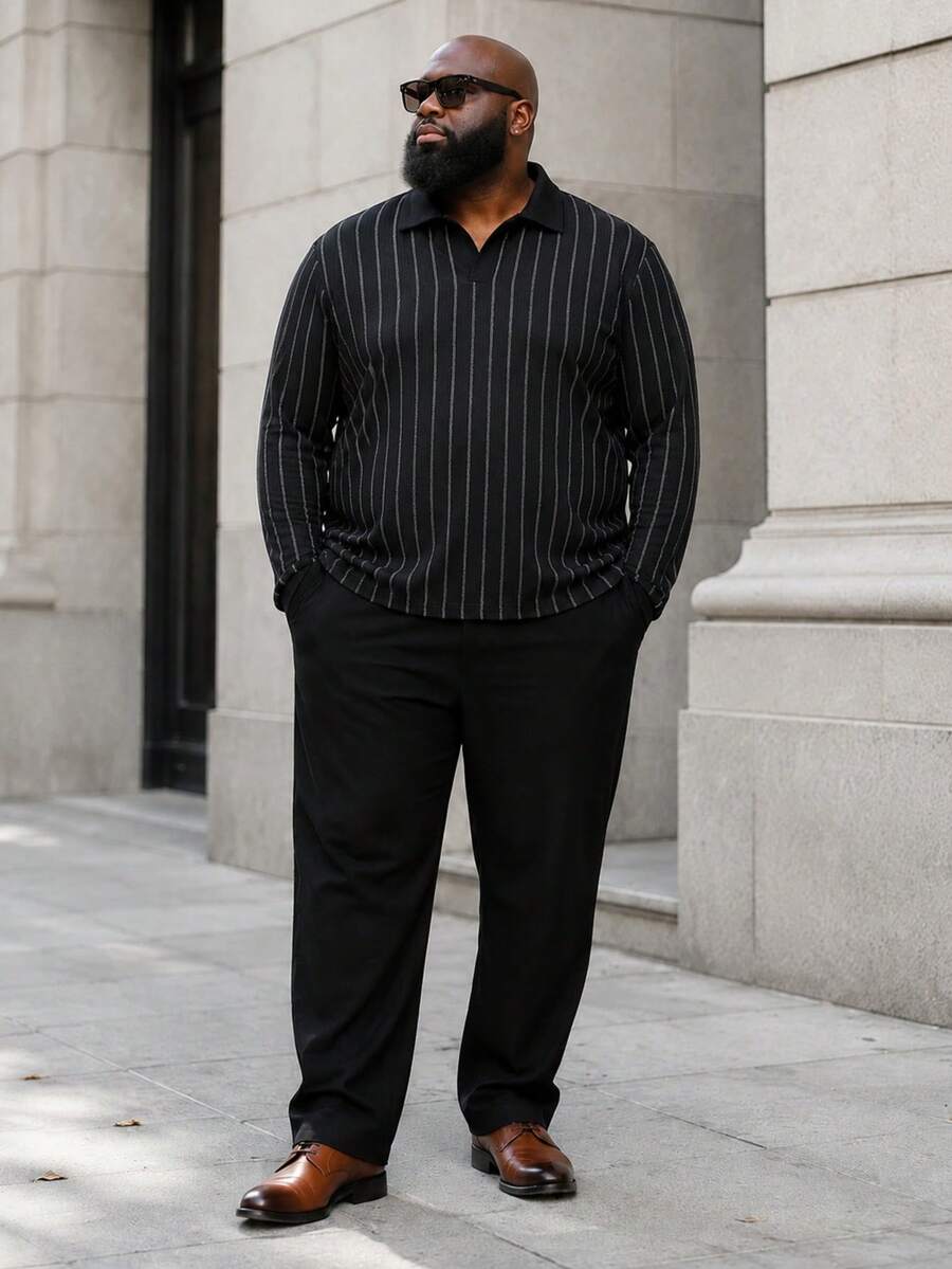 Men's Plus Size 2-Piece Set, Autumn Solid Color Textured Fabric Casual Plus Size Long Sleeve Polo Shirt And Pants Set - Black - View 1