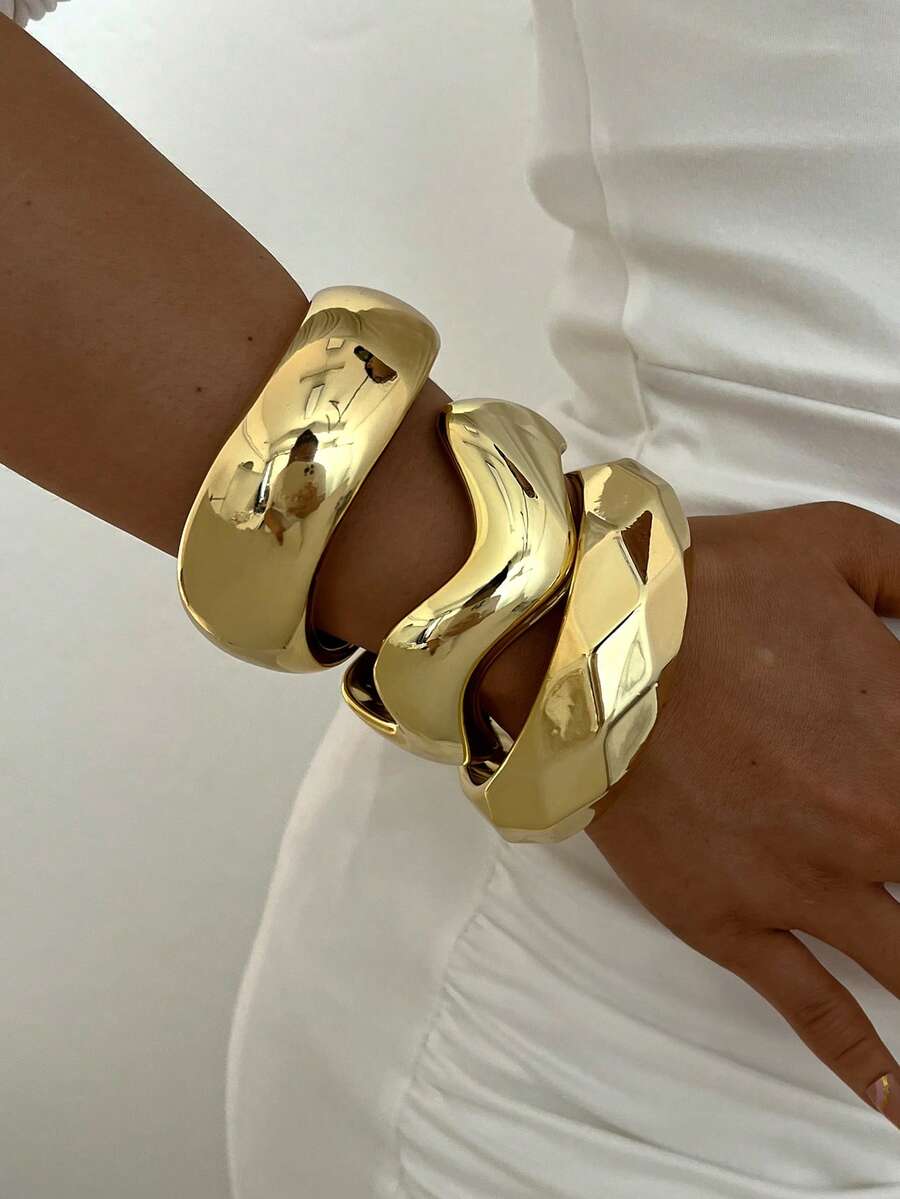 3/1pc Multi-Piece Stackable Fashion Minimalist Elegant Exquisite Vintage Design Geometric Ribbon Wavy Texture CCB Metal Style Exaggerated Chunky Bracelet Set, Holiday Vacation Party Date Gift, Daily Commute Wear, Personalized - Yellow Gold - View 1