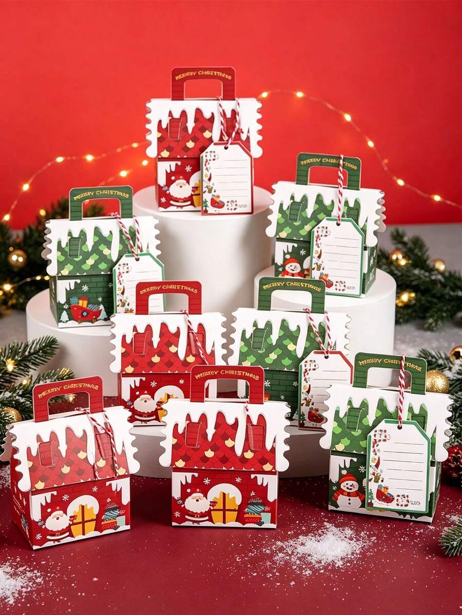 10pcs/50pcs/Pack Christmas Party Gift Candy Favor Boxes, Handheld Paper Boxes, Christmas Decoration Atmosphere Paper Boxes, 3D Christmas House - View 1