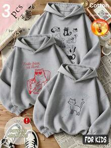 Autumn/Winter 3 Pieces Tween Girls Thermal Hoodie Grey Cat Print Todo Bien Ya Llore Deep Style Long Sleeve Ribbed Cuffs Y2K - Heather Gray+Heather Gray+Heather Gray - View 5