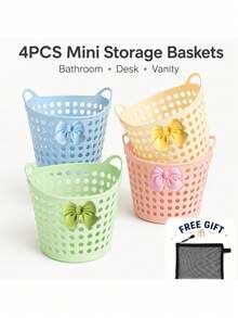 Cute Bow Storage Frame,Home Essentials Mini Desktop Storage Baskets ,Plastic Storage Basket Sundries Box Trash Can Organizer, Shelf Baskets,Small Tabletop Organizing Box With Ventilation Design, Suitable For Bathroom Dresser, Makeup Brush - Multicolor - View 7